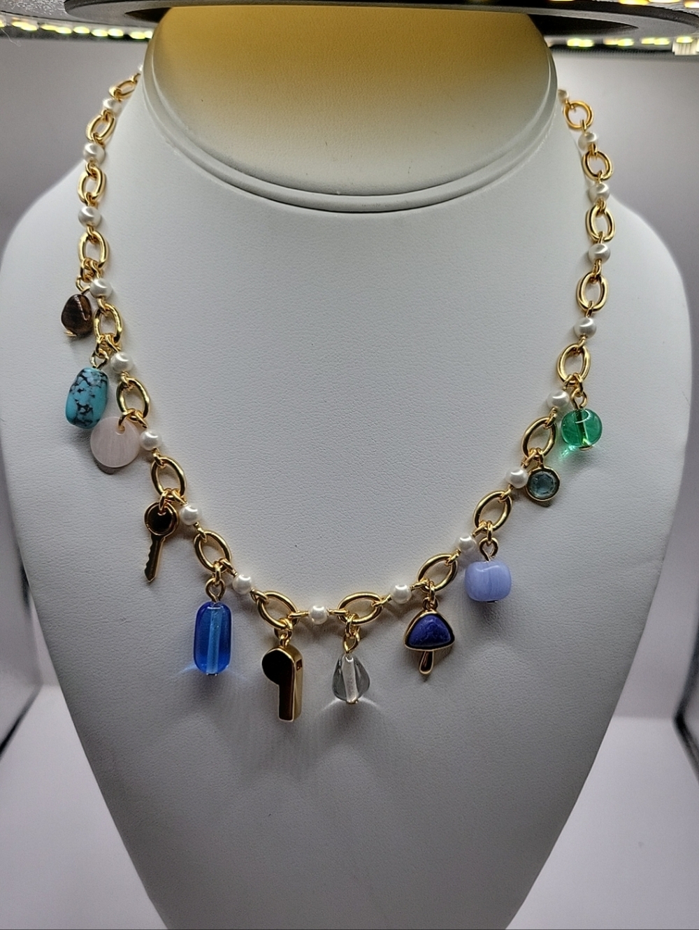 J. Crew Nwt Gold Link Necklace with Multicolor Glass and Pearl Charms